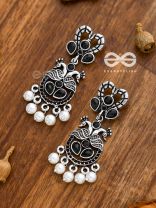 The Enigmatic Peacock Artwork Earrings (Onyx Black) - Embellished Oxidised Collection