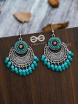 The Elegant Motifs (Teal-Blue) - Embroidered Oxidised Earrings 