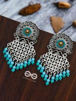 The Criss-Cross Embroidered Sun (Blue) - Embroidered Oxidised Earrings