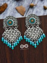 The Criss-Cross Embroidered Sun (Blue) - Embroidered Oxidised Earrings