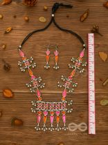 The Bohemian Jaw Droppers - Statement Set of  Meenakari Neckpiece and Earrings (Orange-Pink)