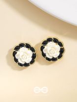 Rosy Dusk- Black and White Enamelled Golden Earrings