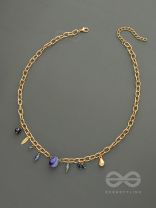 Fragments of the Sky- Blue Crystals Studded Golden Necklace