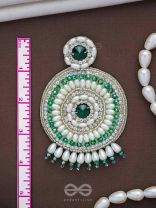 Advaita- The Unique Sphere- Emerald Green Stone, Pearls, and  Glass Beads Embroidered Earrings