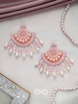 SURAMYA- THE PICTURESQUE CRESCENT- SEQUINS, GLASS BEADS AND STONE EMBROIDERED EARRINGS (SALMON PINK)