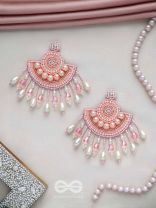 SURAMYA- THE PICTURESQUE CRESCENT- SEQUINS, GLASS BEADS AND STONE EMBROIDERED EARRINGS (SALMON PINK)