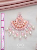 SURAMYA- THE PICTURESQUE CRESCENT- SEQUINS, GLASS BEADS AND STONE EMBROIDERED EARRINGS (SALMON PINK)