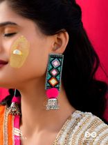 VARNAD- THE COLORFUL- BEADS AND MIRRORS EMBROIDERED EARRINGS (Parakeet Green, Ebony & Fuchsia Pink)