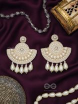 SURAMYA- THE PICTURESQUE CRESCENT- WHITE BEADS AND STONE EMBROIDERED EARRINGS