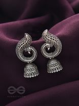 The Reclining Peacock - Oxidised Jhumka Earrings