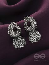 The Twirling Peacock- Oxidised Jhumka Earrings