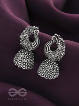The Twirling Peacock- Oxidised Jhumka Earrings
