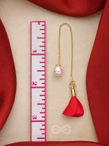 HANGING IN BALANCE PEARL AND FLOWERS NEEDLE EARRINGS- RED