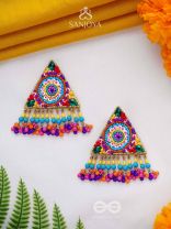 Tryashra - The Vibrant Triangle - Stones, Sequins And Resham Hand Embroidered Earrings