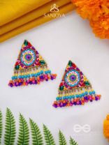 Tryashra - The Vibrant Triangle - Stones, Sequins And Resham Hand Embroidered Earrings