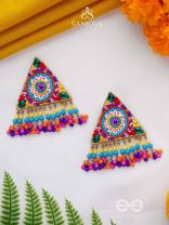 Tryashra - The Vibrant Triangle - Stones, Sequins And Resham Hand Embroidered Earrings