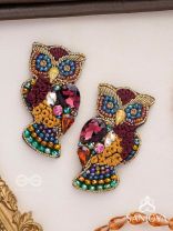 Krushika - The Majestic Owl - Stones, Resham And Beads Hand Embroidered Earrings