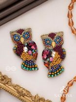 Krushika - The Majestic Owl - Stones, Resham And Beads Hand Embroidered Earrings