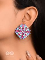 The Floral Fantasy - Oxidised Statement Stud Earrings (Crimson, Violet & Sky Blue)