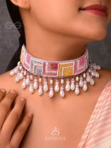 Karmuka - The Jazzy Rainbow - Resham, Beads And Glass Drops Hand Embroidered Choker Neckpiece