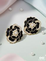 DEW DROPPED PEONIES - GOLDEN ENAMELLED STUDS (BLACK)