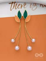 ALWAYS AN ANGEL - PEARL & ENAMELLED EAR JACKETS (GOLD AND GREEN)