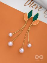 ALWAYS AN ANGEL - PEARL & ENAMELLED EAR JACKETS (GOLD AND GREEN)