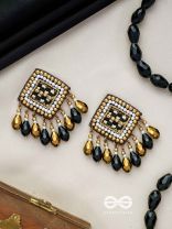 Kamagni - Fire Of Passion - Beads, Resham And Glass Drops Hand Embroidered Earrings (Black & Golden)