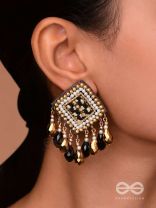 Kamagni - Fire Of Passion - Beads, Resham And Glass Drops Hand Embroidered Earrings (Black & Golden)
