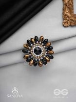 Aralu - Flower In Bloom - Beads, Stone And Glass Drops Hand Embroidered Adjustable Ring (Black & Golden)