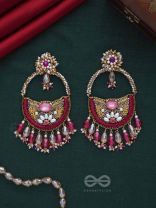 VILAKSANA - UNIQUE SPARKLING MOMENTS - STONE, BEADS, GLASS DROPS AND PEARLS EMBROIDERED EARRINGS (MAGENTA & GOLDEN)