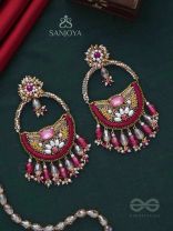 VILAKSANA - UNIQUE SPARKLING MOMENTS - STONE, BEADS, GLASS DROPS AND PEARLS EMBROIDERED EARRINGS (MAGENTA & GOLDEN)