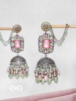 Abhivars - A Shower Of Blossom - Stone And Beads Oxidised And Hand Embroidered Jhumka Earrings