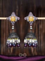 Vasatya - Gradient Of Dusk - Stone And Beads Hand Embroidered And Oxidised Jhumka Earrings