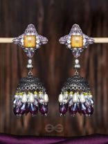 Vasatya - Gradient Of Dusk - Stone And Beads Hand Embroidered And Oxidised Jhumka Earrings