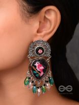 VIHANGIKA - FEATHERED FLIGHT ELEGANCE - STONE, GLASS DROPS AND RESHAM EMBROIDERED AND OXIDISED EARRINGS