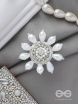 Tejovat - Glimmering White Brilliance - Stone, Beads And Glass Drops Hand Embroidered Ring (Adjustable)