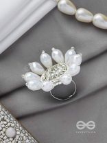 Tejovat - Glimmering White Brilliance - Stone, Beads And Glass Drops Hand Embroidered Ring (Adjustable)