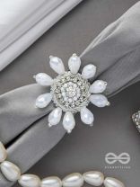 Tejovat - Glimmering White Brilliance - Stone, Beads And Glass Drops Hand Embroidered Ring (Adjustable)