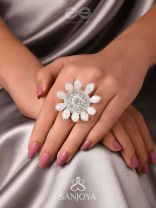 Tejovat - Glimmering White Brilliance - Stone, Beads And Glass Drops Hand Embroidered Ring (Adjustable)