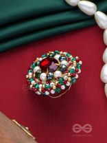AKSHEPA - THE STATEMENT ONE - STONE, PEARLS AND BEADS EMBROIDERED RING