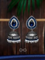 Ratryata - The Midnight Sapphire - Stone And Beads Hand Embroidered Oxidised Jhumka Earrings