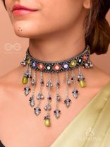 NEELHARINI - FOREST BLOOM - Mirror, Beads And Fish Charms Hand Embroidered Oxidised Neckpiece