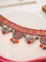 Prasvap - The Dusk Dream - Resham, Beads And Glass Drops Hand Embroidered Oxidised Choker Neckpiece