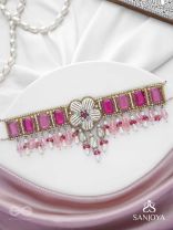 CHAANDIKUSUMA - THE ROYAL BLOSSOM- STONE, BEADS, GLASS AND PEARL DROPS HAND EMBROIDERED CHOKER NECKPIECE