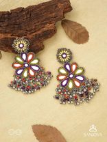 Ambuvasini - The Angel's Flower - Mirror, Resham And Beads Hand Embroidered Oxidised Earrings