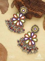 Ambuvasini - The Angel's Flower - Mirror, Resham And Beads Hand Embroidered Oxidised Earrings