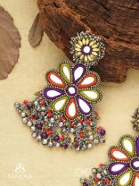 Ambuvasini - The Angel's Flower - Mirror, Resham And Beads Hand Embroidered Oxidised Earrings
