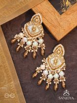 Hairanyika - The Ivory Aurora - Beads And Glass Drops Hand Embroidered Earrings