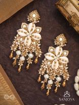 Sambuka- The Golden Snowflakes - Beads, Shells And Glass Drop Hand Embroidered Earrings